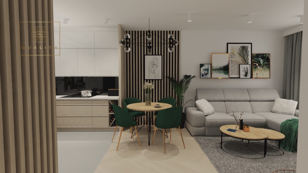 Qualita_Interno_projekt_nowoczesnego salonu_z_lamelami_drewnianymi_i_podłogą_w_jodelkez lamelami drewnianymi