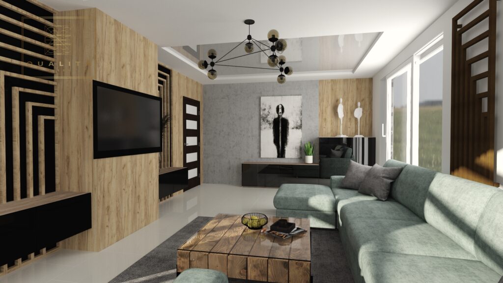 Qualita_Interno_salon w stylu_industrialnym_2020_z_drewne_i_betonem