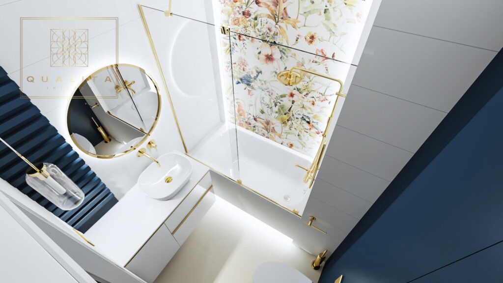 Qualita_Interno_ mała biało granatowa łazienka ze złotymi dodatkami
