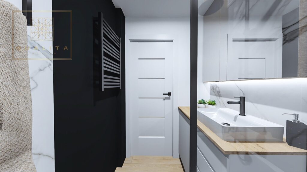 Qualita_Interno_czarna armatura w białej łazience 2022r projekty inspiracje aranżacje