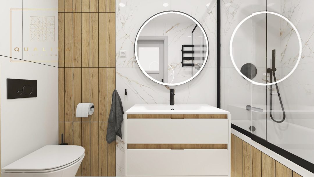 Qualita Interno Projekty i aranżacje małych łazienek z pralką i suszarką